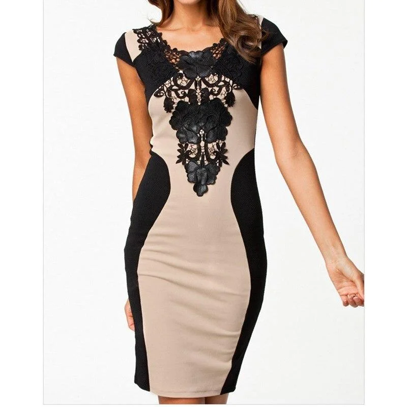 Women's U-Shaped Collar DressesFashionSierra - Women Vintage Elegant Dress Round Neck Lace Package Hip Dress Sexy Backless Bodycon Mini Dress Glorious Sexy Short Sleeve Dress