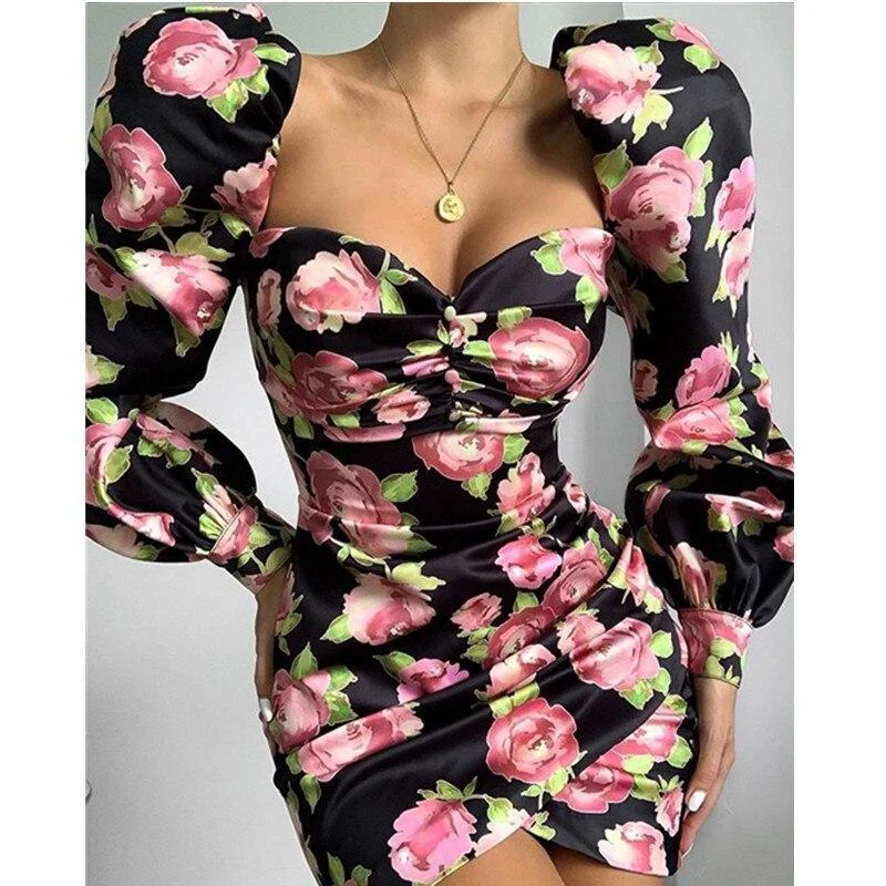 Women's V-Shaped-Neck DressesFashionSierra - Women Floral Print Long Sleeve Party Mini Dress Sexy Sheath Club Wear Slash Neck Dresses