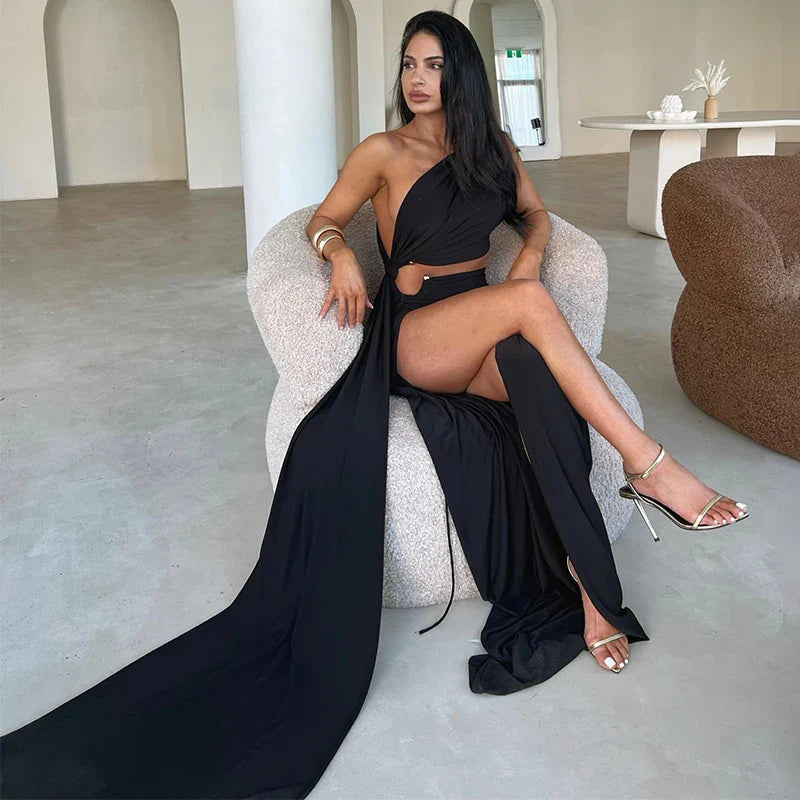 Women's Shawl Collar DressesSplit Backless Sexy One Shoulder Elegant Long Summer Nightclub Maxi Dress