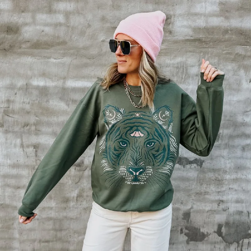 Women's Hooded Sweatshirts with Flannel LiningTribal Tiger Crewneck