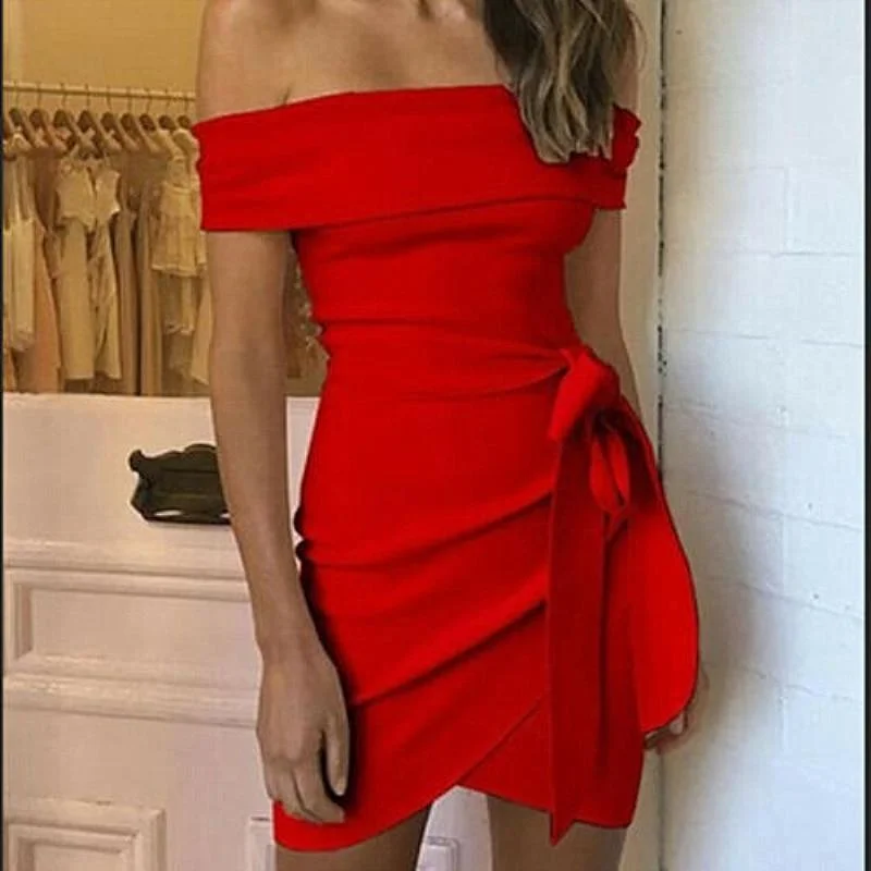 Women's Low Collar DressesFashionSierra - Women Summer Off Shoulder Ruffle Frill Mini Dress Elegant Ladies Holiday Bodycon Irregular Mini Party Dress