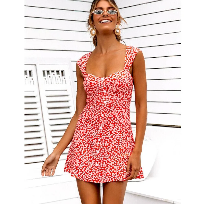 Women's V-Back DressesFashionSierra - Women's Summer Boho Floral Bodycon Sleeveless Mini Dress Fashion Ladies Holiday Casual Beach Short Sundress New