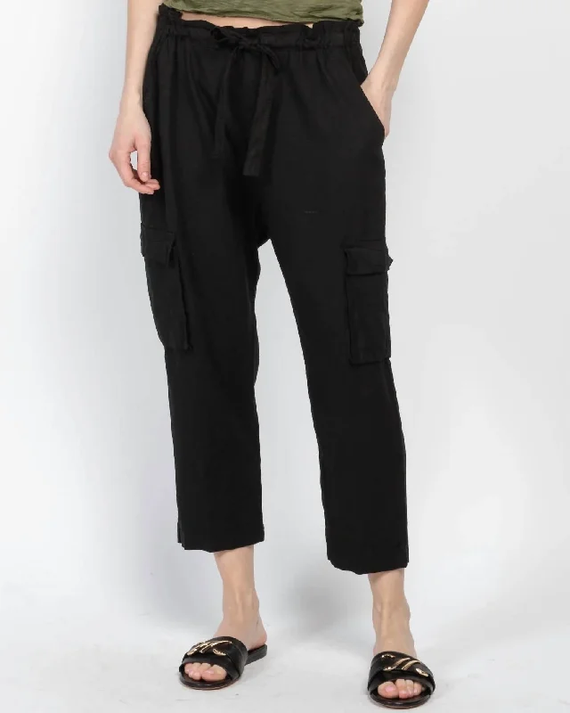 Women's Harem ShortsLinen Paperbag Cargo Pant In Black