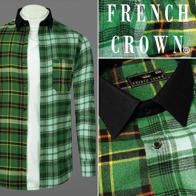 Women's Blouse with EmbroideryEucalyptus Green Multicolor Plaid with Black Collar Designer Shirt