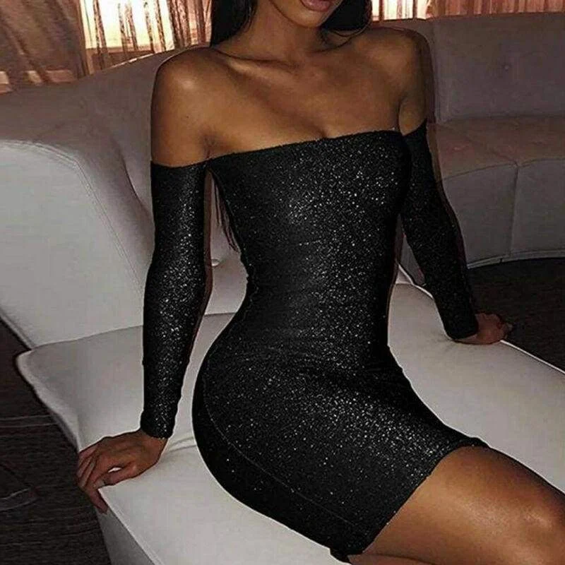 Women's Low Collar DressesFashionSierra - Women Bling Bodycon Mini Dress Elegant Strapless Off Shoulder Long Sleeve Party Club Short Ladies Dresses