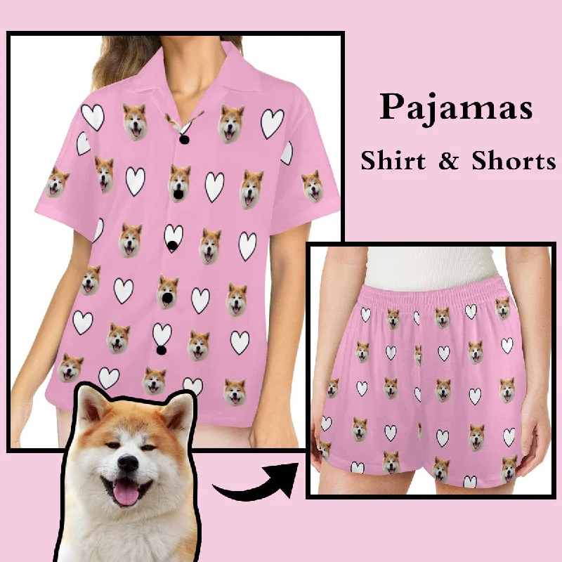 women's pajamas with a sophisticated, modern twistCustom Face Pink Heart Women's V-Neck Short Sleeve Pajama Tops Bottoms Personalized Pajamas Loungewear