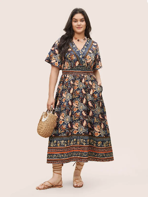  Women's A-Line DressesBandana Print Shirred Overlap Collar Flutter Sleeve Dress