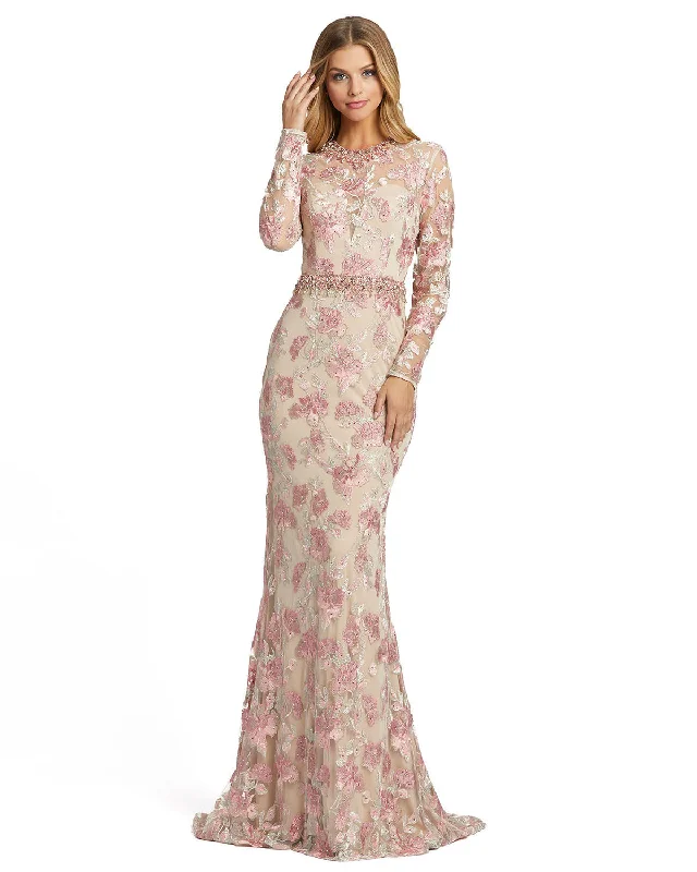 Women's V-Shaped Collar DressesFloral Embroidered Illusion Long Sleeve Trumpet Gown