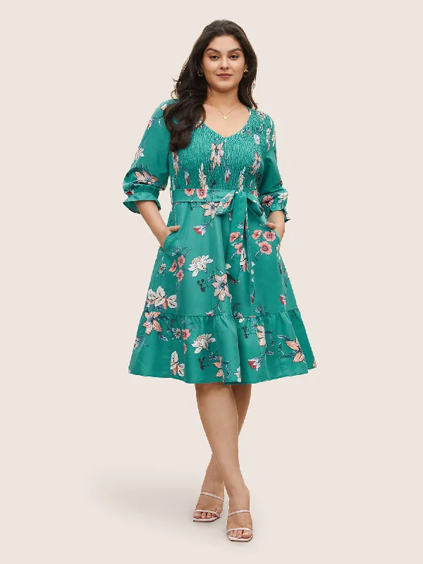 Women's Pencil DressesFloral Print Shirred Front Ruffle Sleeve Dress