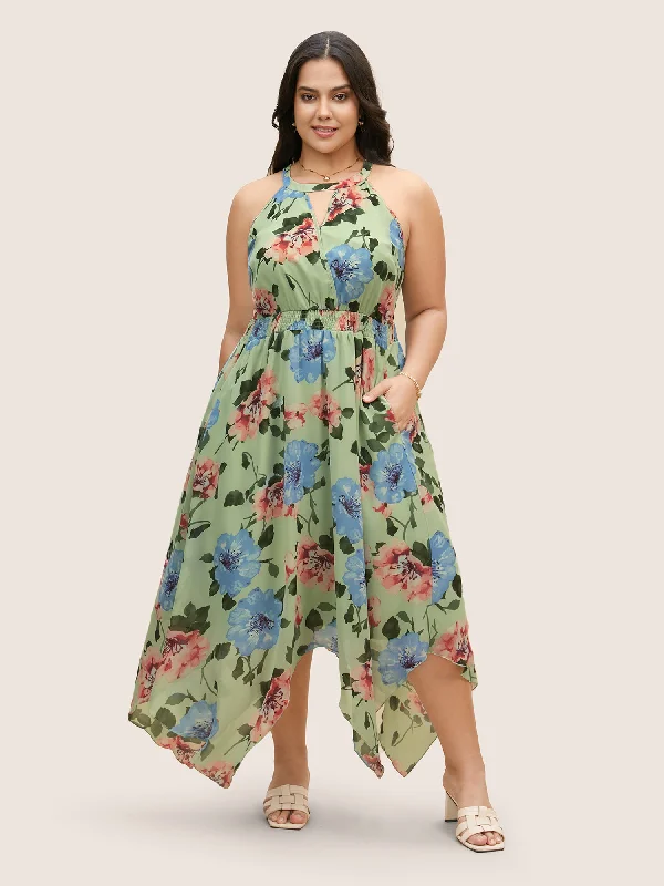 Women's Sweetheart-Neck DressesFloral Shirred Asymmetrical Hem Sleeveless Dress