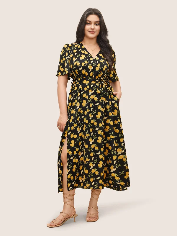 Women's Wide Collar DressesCitrus Lemons Print Belted Surplice Neck Split Side Dress