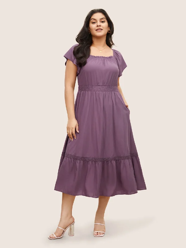 Women's Keyhole-Back DressesSolid Cap Sleeve Shirred Frill Trim Dress