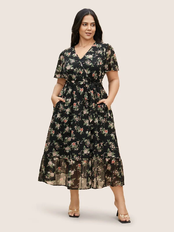 Women's Wide-Neck DressesSurplice Neck Chiffon Floral Belted Dress