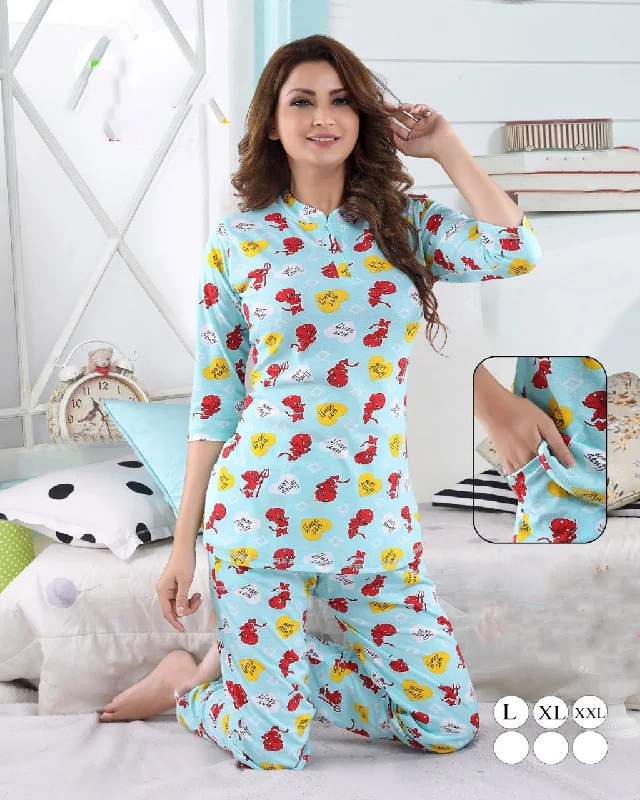 women's short sleeve pajama setsWomen's Cotton Printed Blue Nightsuit Long Top Pajama Set