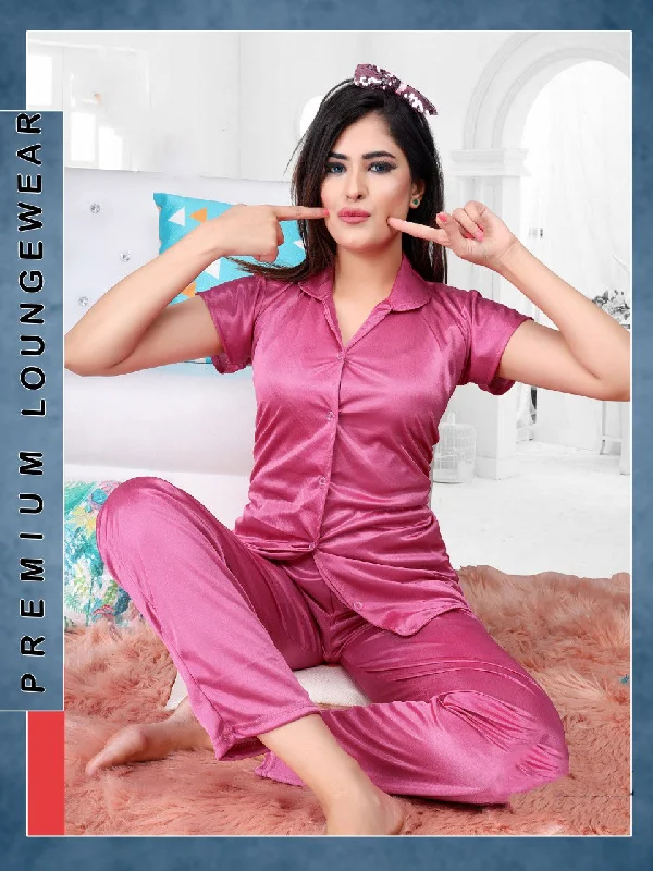 women's pajamas with a subtle shimmerBright Purple Satin Night Suit Wear Set for Ladies