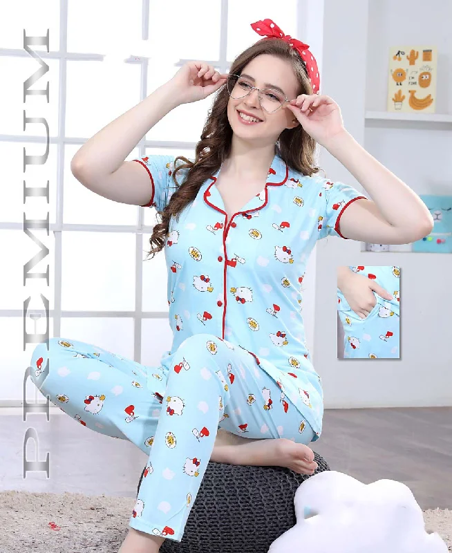 women's pajamas with built-in braCotton Blue Printed Women Night Suit