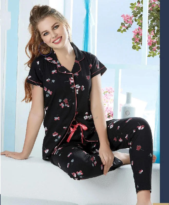 women's pajamas with drawstring waistCotton Printed Black Collar NightSuit Pajama Set for Woman