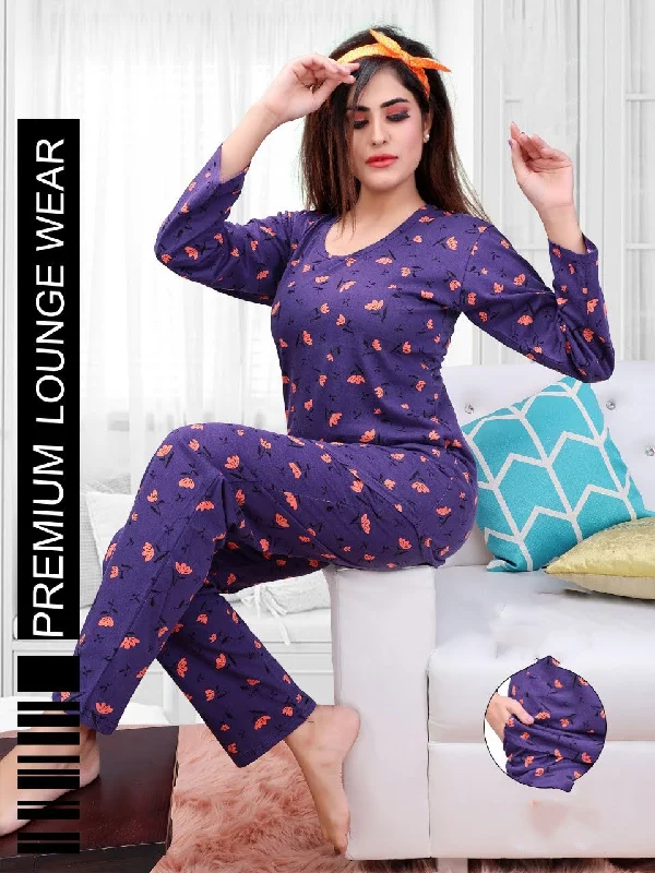 women's pajamas for those who love to indulgeFull Sleeves Dark Purple Printed Long Top Cotton Night Suit