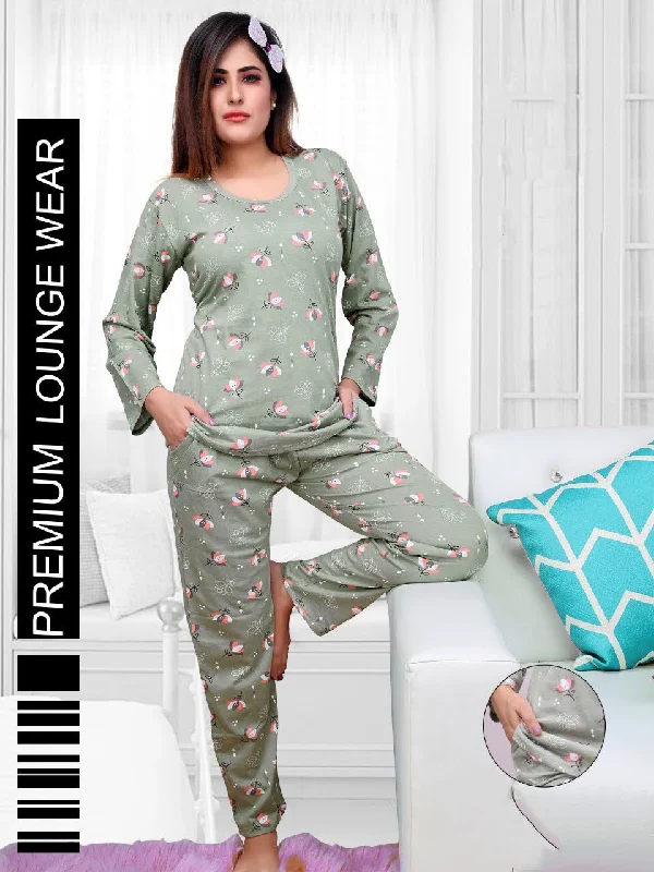 women's pajamas for those who appreciate soft, breathable fabricsFull Sleeves Green Printed Long Top Cotton Night Suit