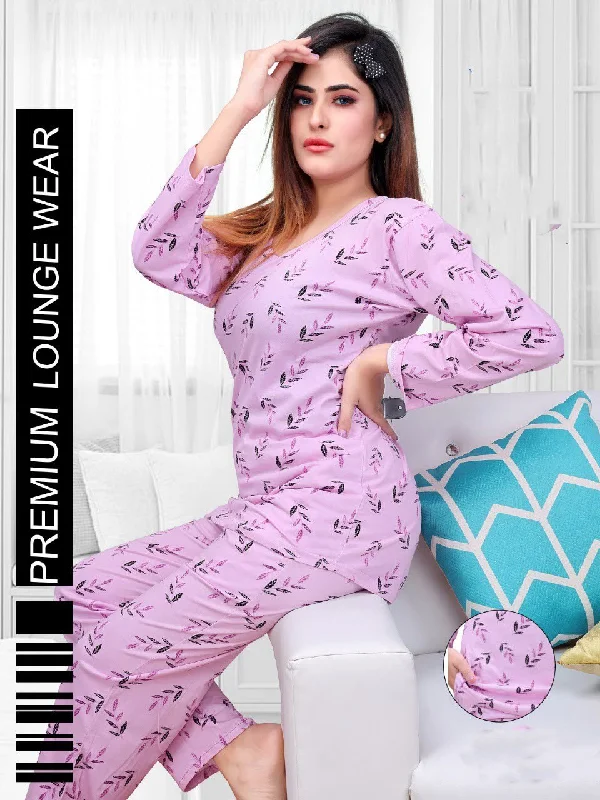 women's pajamas for those who value qualityFull Sleeves Purple Printed Long Top Cotton Night Suit