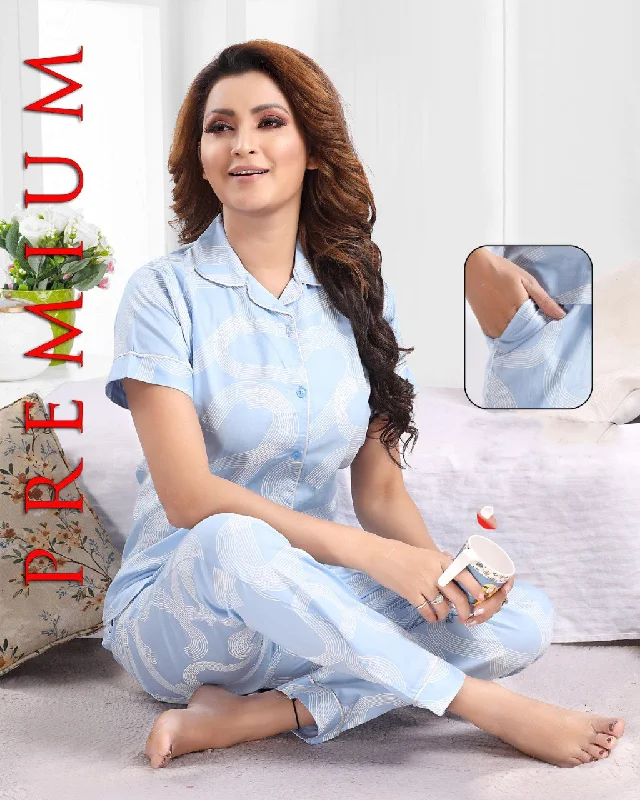 women's cotton pajama setsLadies Cotton Printed Blue Collar Top Pyjama Sets Nightwear