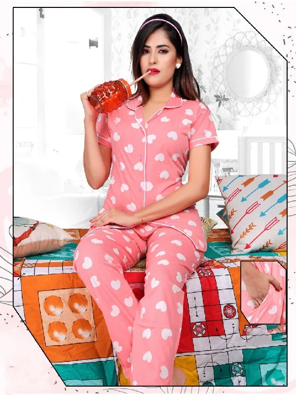 women's pajamas for those who love comfortWomen Cotton Printed Pink Collar Top Pyjama Sets Night Suit