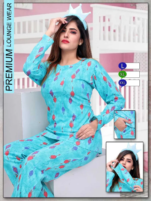 cozy women's flannel pajamasLong Top Full Sleeves Blue Cotton Night Suit for ladies