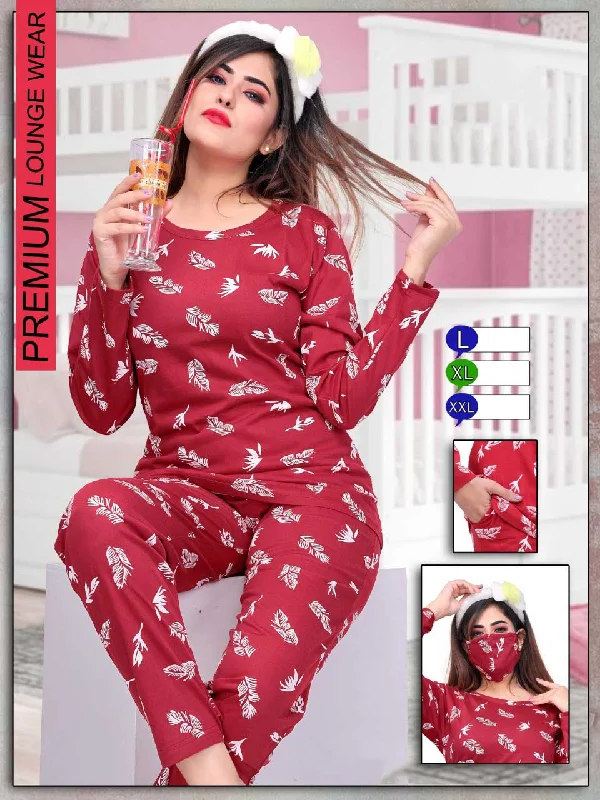 women's pajamas with a cozy, warm feelLong Top Full Sleeves Maroon Cotton Night Suit for ladies