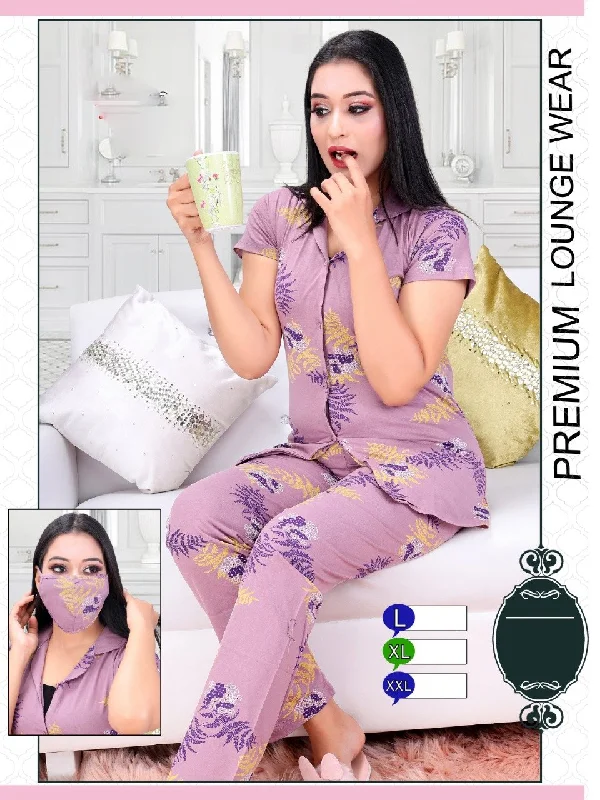 women's pajamas designed for sleepPrinted Girls Purple Cotton Night Suit Top and Pajamas Set