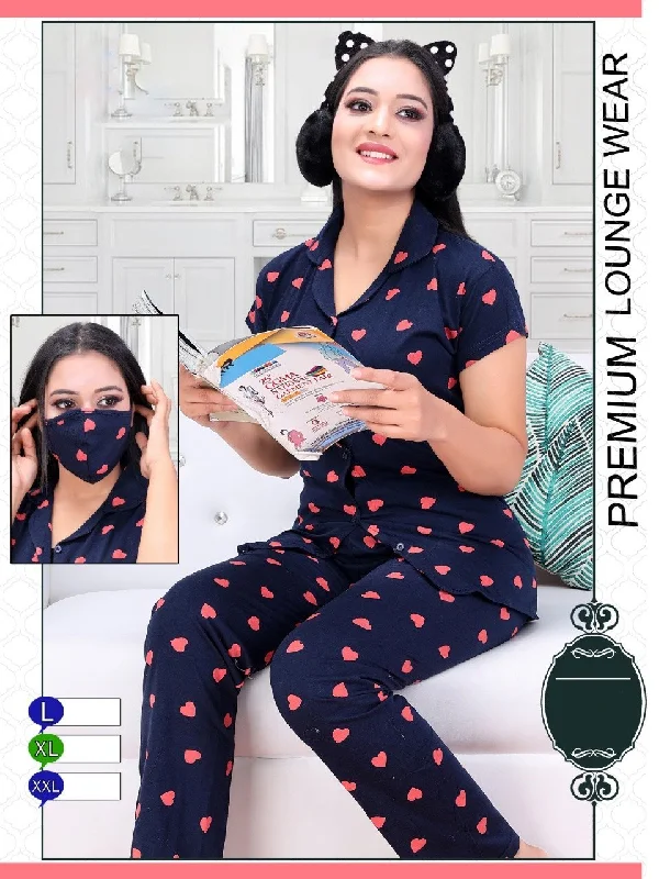 women's pajamas for hot summer nightsLadies Dark Blue Cotton Night Suit Pajamas Set