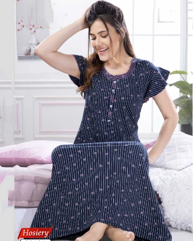 women's pajamas with moisture-wicking fabricDark Blue Printed Cotton Maxi Nightdress for Ladies