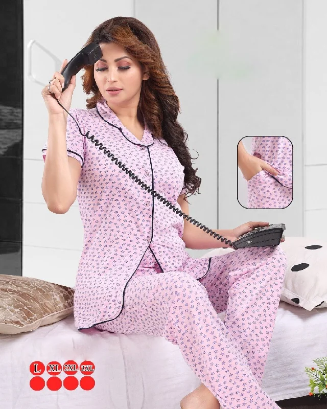 women's pajamas with button-flyDesigner Cotton Pink Ladies Night Suit Pyjama Set